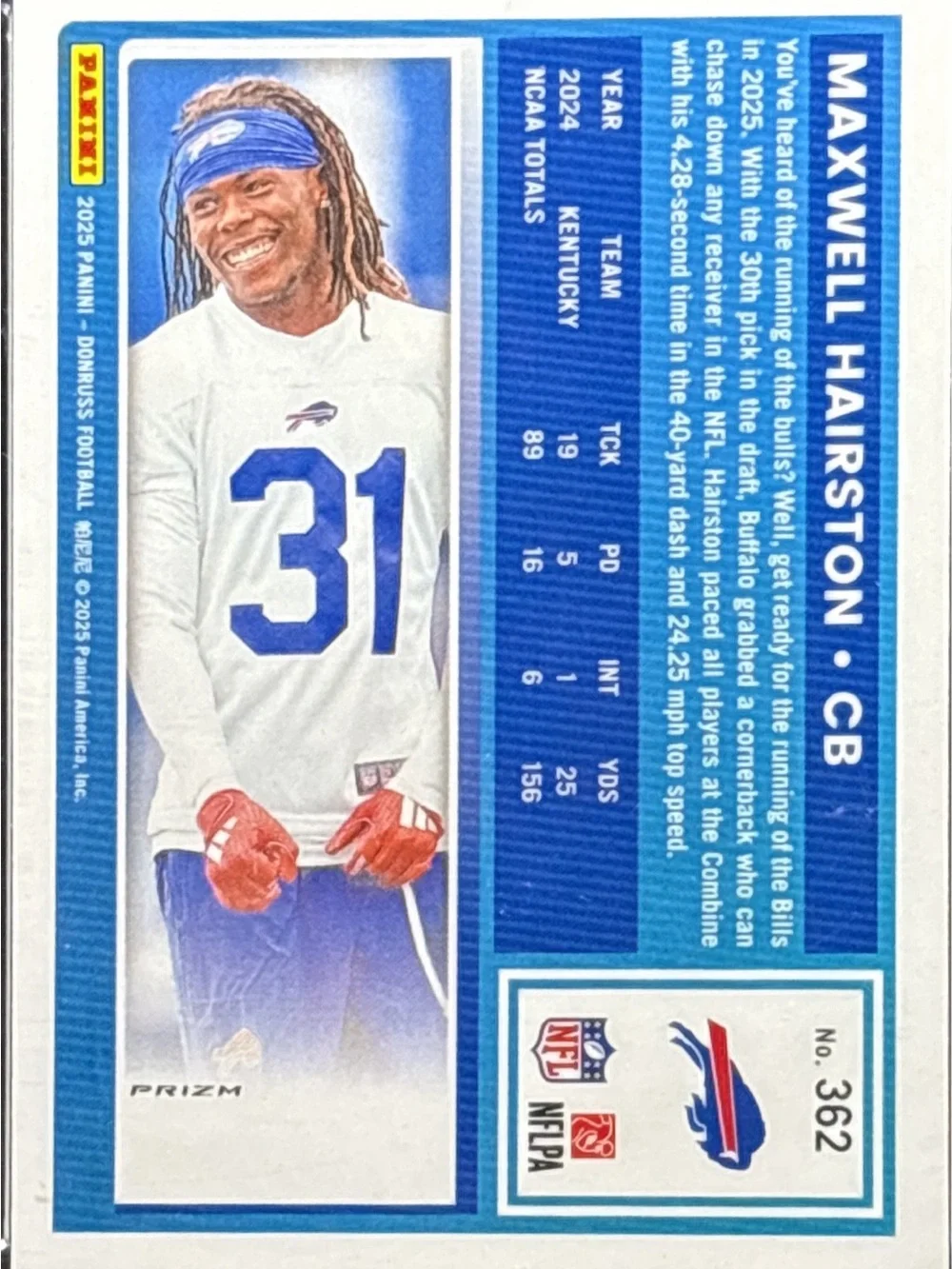 Panini  Maxwell Hairston Rookie Football Card